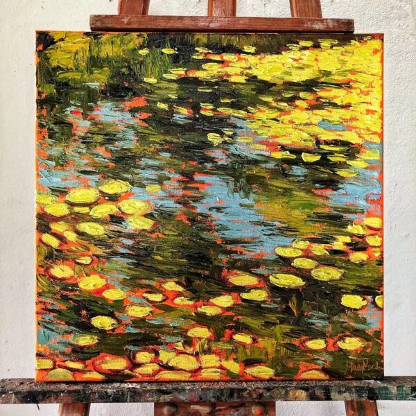 "Nenufares en fondo naranja" Pintura Original